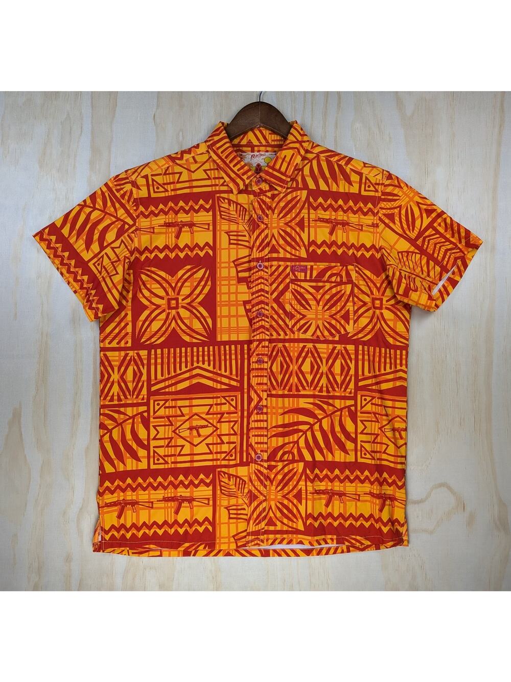 Retro Rifle Men's Large High Tide Hawaiian Shirt Orange Tribal Pattern Stretch